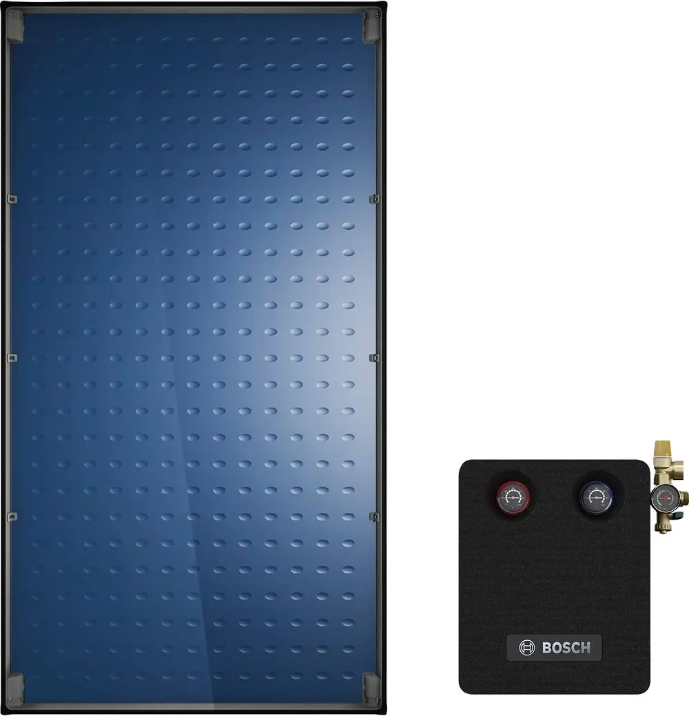 Bosch Solar-Kollektor mit blauer, strukturierten Oberfläche, links im Bild, sowie einem Anbauteil mit Druckanzeigen und Verbindungsventil rechts davon.
